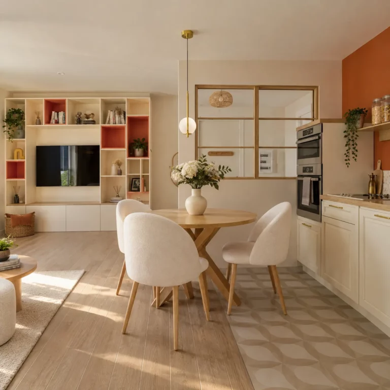 Appartement au Bourget, cuisine et séjour aux accents terracotta et laiton