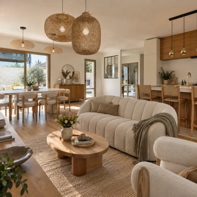 Maison familiale rénovée au Cap Martin, séjour ouvert en bois clair et lumière naturelle