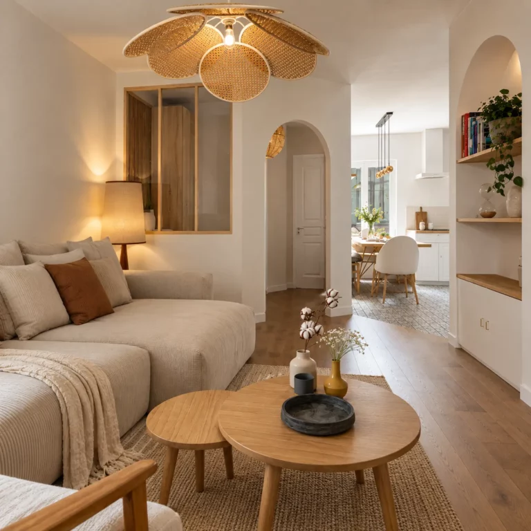 Salon d'appartement à Eaubonne, pièce de vie réorganisée et chaleureuse